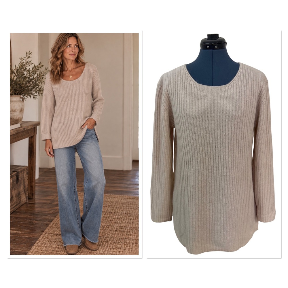 Vtg French Laundry Beige Ribbed Lambswool Angora Scoop Neck Sweater Oversized M